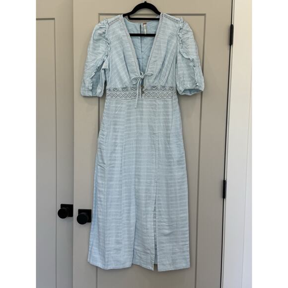 Free People Slow Pace Romantic Ruffles Femme Puff Sleeve Midi Dress Medium Blue - Picture 1 of 10